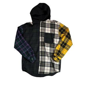 Alexander Wang Men’s Wool Plaid Tartan Patchwork Hooded Shirt Button Down Medium